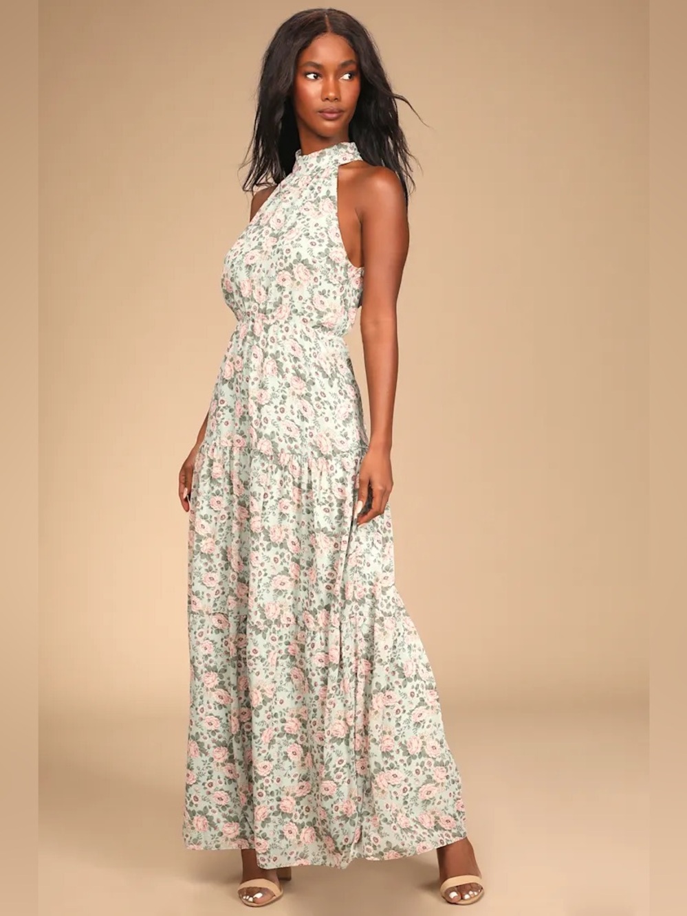 Lulus Grow Your Garden Sage Floral Print Tiered Halter Maxi Dress